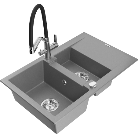 Mexen Gaspar granite sink 1.5-bowl with drainer and Duo kitchen tap, grey - 6507-71-671701-07