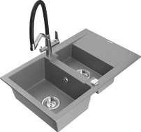 Mexen Gaspar 1.5-compartment granite sink with a drip tray and kitchen mixer tap Duo, grey - 6507-71-671701-07