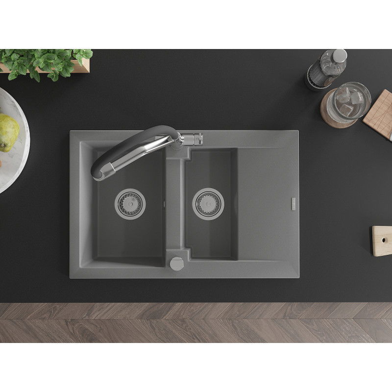 Mexen Gaspar granite sink 1.5-bowl with drainer and Duo kitchen tap, grey - 6507-71-671701-07