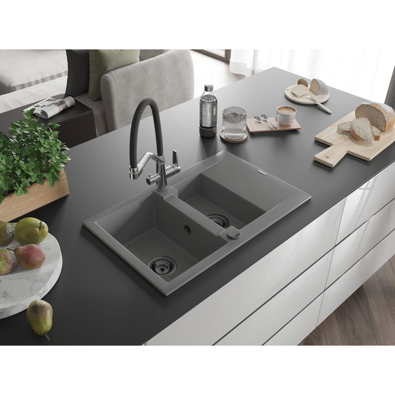 Mexen Gaspar granite sink 1.5-bowl with drainer and Duo kitchen tap, grey - 6507-71-671701-07-B