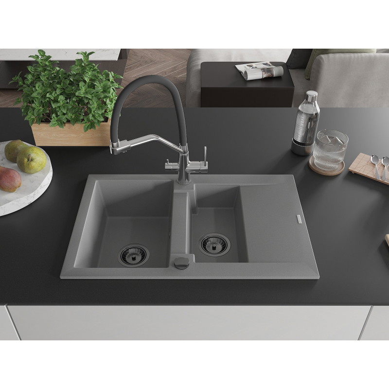 Mexen Gaspar granite kitchen sink 1.5-bowl with drainer and kitchen faucet Duo, gray - 6507-71-671701-07-B