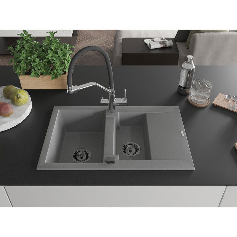 Mexen Gaspar granite sink 1.5-bowl with drainer and Duo kitchen tap, grey - 6507-71-671701-07-B