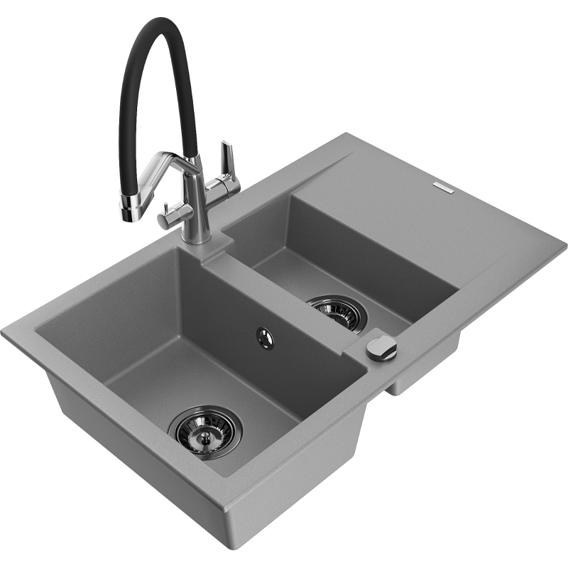 Mexen Gaspar granite sink 1.5-bowl with drainer and Duo kitchen tap, grey - 6507-71-671701-07-B