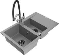 Mexen Gaspar 1.5-compartment granite sink with a drip tray and kitchen mixer tap Duo, grey - 6507-71-671701-07-B