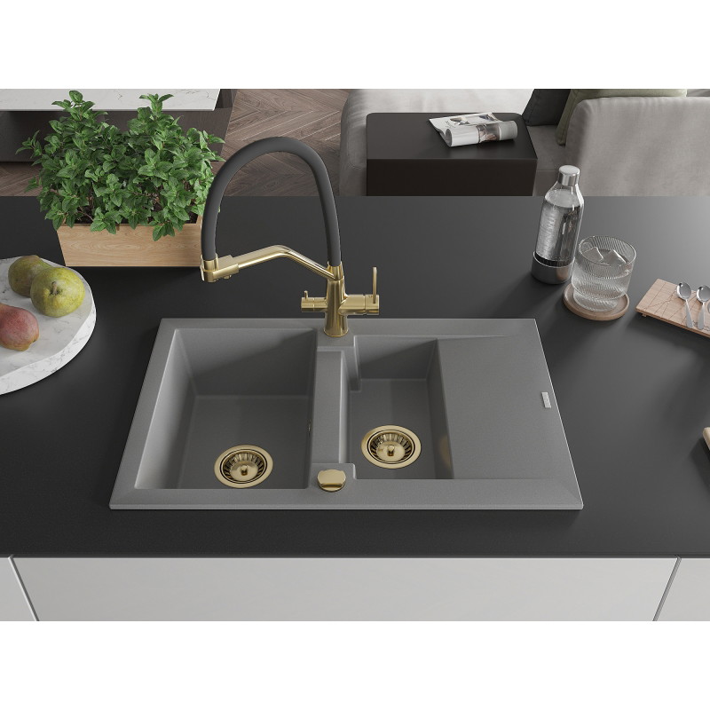 Mexen Gaspar granite sink 1.5-bowl with drainer and Duo kitchen faucet, gray - 6507-71-671701-57-G