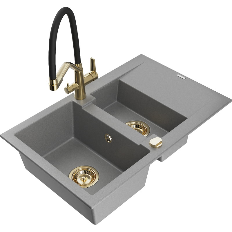 Mexen Gaspar granite kitchen sink 1.5-bowl with drainer and Duo kitchen faucet, gray - 6507-71-671701-57-G
