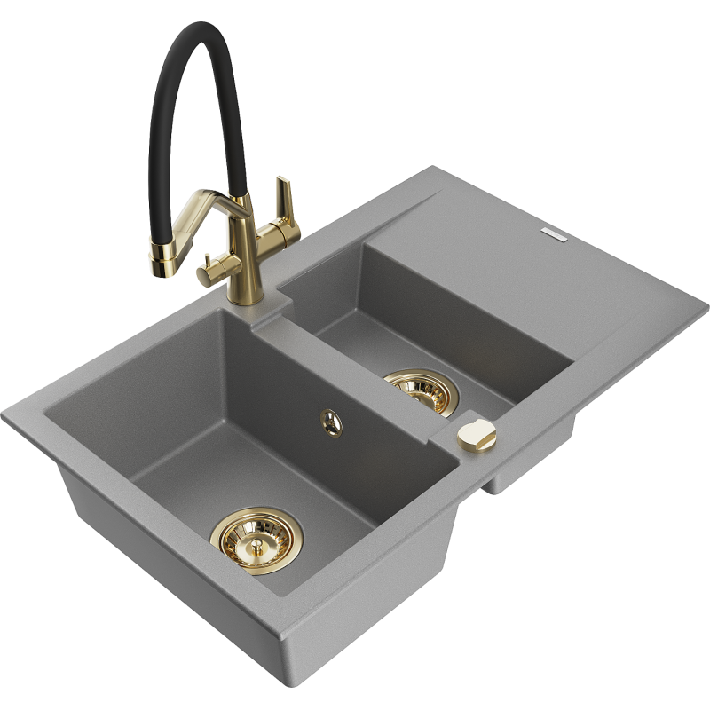 Mexen Gaspar granite sink 1.5-bowl with drainer and Duo kitchen tap, grey - 6507-71-671701-57-G