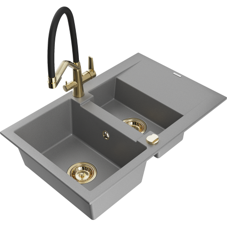 Mexen Gaspar granite sink 1.5-bowl with drainer and Duo kitchen faucet, gray - 6507-71-671701-57-G