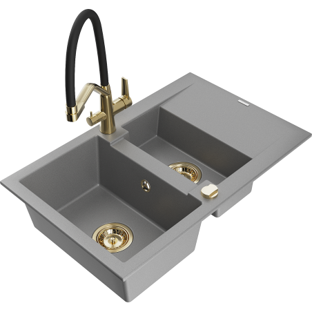 Mexen Gaspar granite sink 1.5-bowl with drainer and Duo kitchen tap, grey - 6507-71-671701-57-G