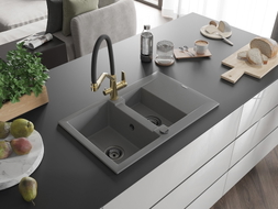 Mexen Gaspar 1.5-bowl granite kitchen sink with drainer and Duo kitchen faucet, gray - 6507-71-671701-57-B