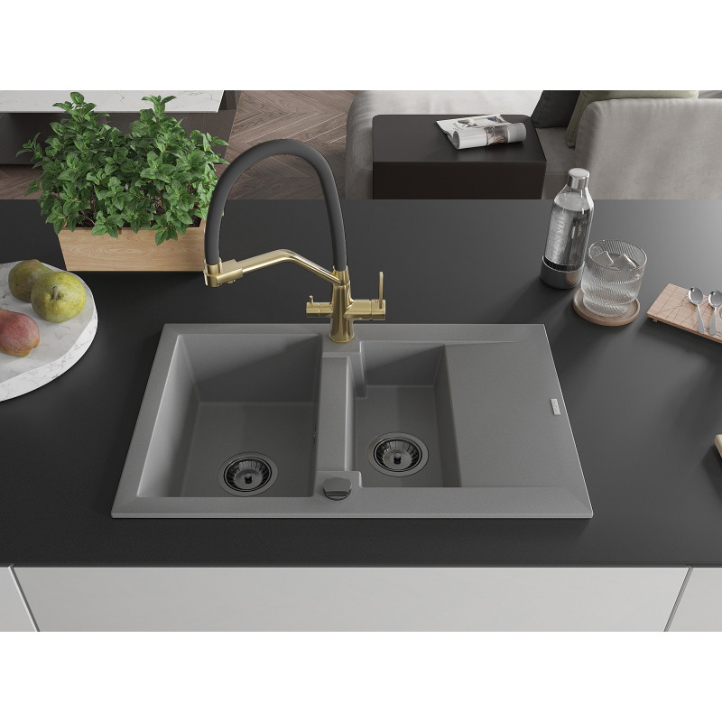 Mexen Gaspar Granite Kitchen Sink 1.5-Bowl with Drainer and Duo Kitchen Faucet, Gray - 6507-71-671701-57-B
