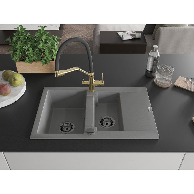 Mexen Gaspar granite sink 1.5-bowl with drainer and Duo kitchen tap, grey - 6507-71-671701-57-B