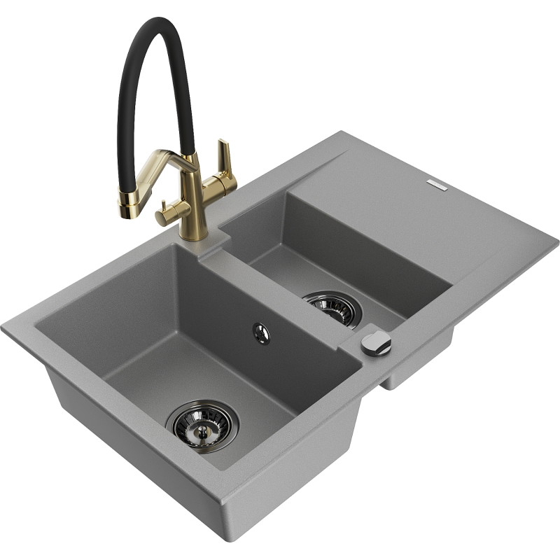 Mexen Gaspar 1.5-bowl granite kitchen sink with drainer and Duo kitchen faucet, gray - 6507-71-671701-57-B
