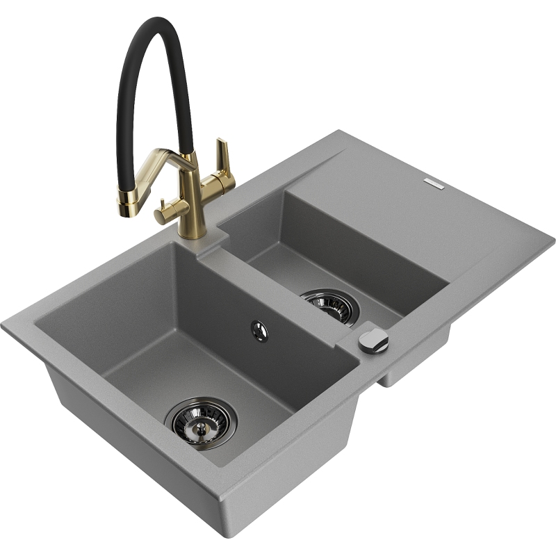 Mexen Gaspar 1.5-compartment granite sink with a drip tray and kitchen mixer tap Duo, grey - 6507-71-671701-57-B