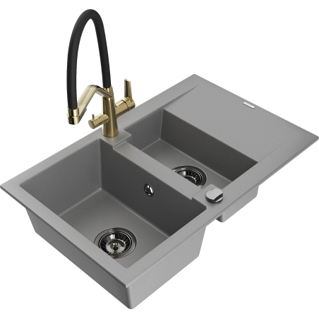Mexen Gaspar granite sink 1.5-bowl with drainer and Duo kitchen tap, grey - 6507-71-671701-57-B
