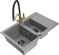 Mexen Gaspar 1.5-bowl granite kitchen sink with drainer and Duo kitchen faucet, gray - 6507-71-671701-57-B
