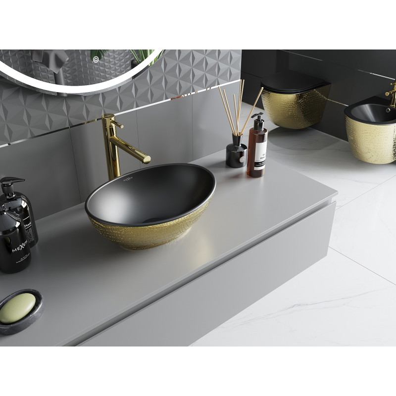 Mexen Elza countertop washbasin 40 x 33 cm, matte black/gold scale pattern - 21014028
