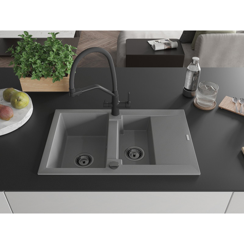 Mexen Gaspar granite sink 1.5-bowl with drainer and Duo kitchen faucet, gray - 6507-71-671701-70-B