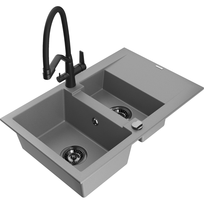 Mexen Gaspar 1.5-bowl granite sink with drainer and Duo kitchen tap, grey - 6507-71-671701-70-B