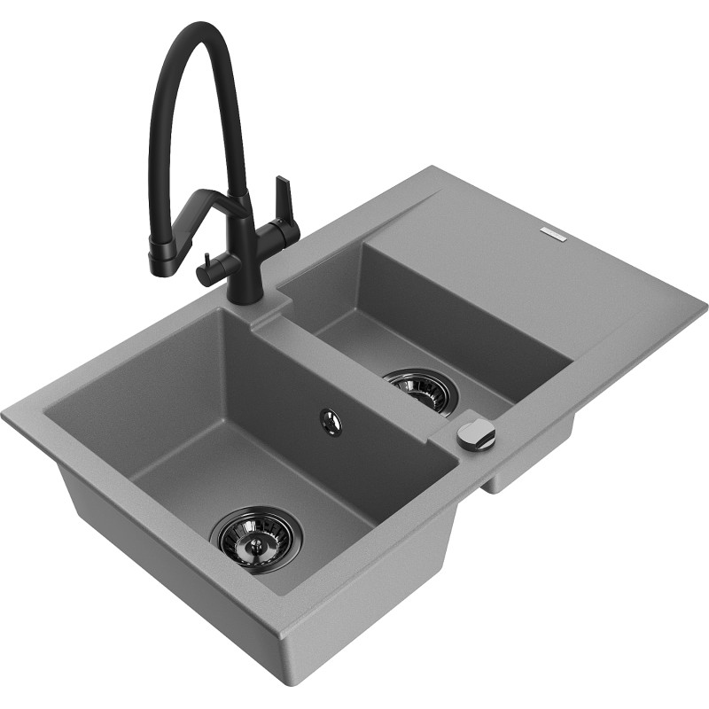 Mexen Gaspar granite sink 1.5-bowl with drainer and Duo kitchen faucet, gray - 6507-71-671701-70-B