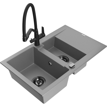 Mexen Gaspar 1.5-bowl granite sink with drainer and Duo kitchen tap, grey - 6507-71-671701-70-B