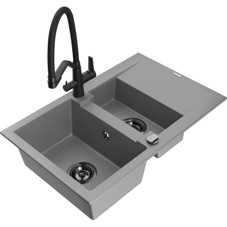 Mexen Gaspar 1.5-compartment granite sink with a drip tray and kitchen mixer tap Duo, grey - 6507-71-671701-70-B
