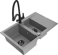 Mexen Gaspar 1.5-bowl granite sink with drainer and Duo kitchen tap, grey - 6507-71-671701-70-B