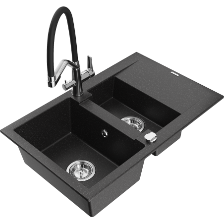 Mexen Gaspar granite sink 1.5-bowl with drainer and Duo kitchen faucet, black/silver metallic - 6507-73-671701-07