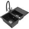 Mexen Gaspar granite sink 1.5-bowl with drainer and Duo kitchen faucet, black/silver metallic - 6507-73-671701-07