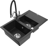 Mexen Gaspar granite sink 1.5-bowl with drainer and Duo kitchen faucet, black/silver metallic - 6507-73-671701-07