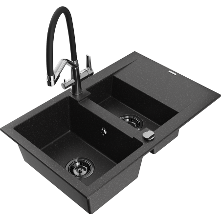 Mexen Gaspar granite kitchen sink 1.5-bowl with drainer and Duo kitchen faucet, black/silver - 6507-73-671701-07-B