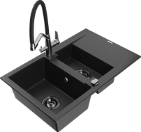Mexen Gaspar granite kitchen sink 1.5-bowl with drainer and Duo kitchen faucet, black/silver - 6507-73-671701-07-B