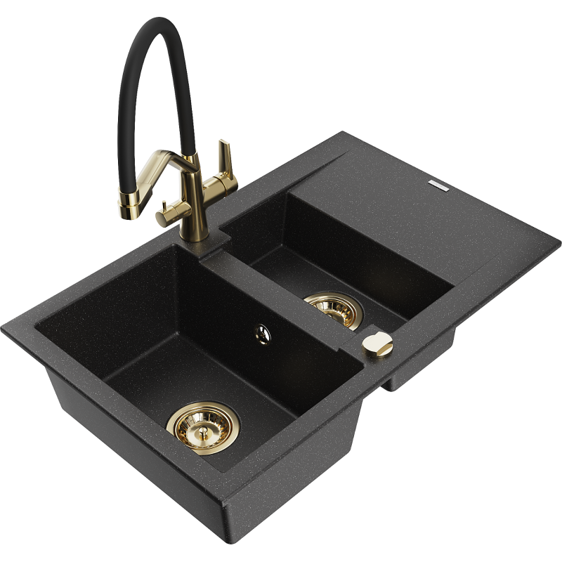 Mexen Gaspar 1.5-bowl granite kitchen sink with drainer and Duo kitchen tap, black/silver - 6507-73-671701-57-G