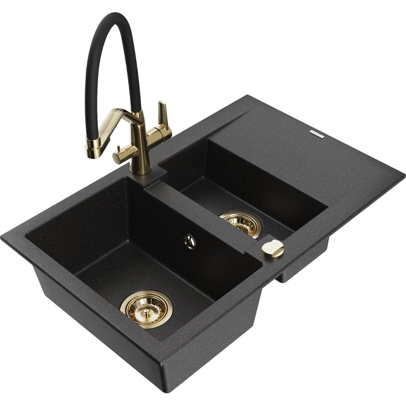 Mexen Gaspar 1.5-bowl granite sink with drainer and kitchen faucet Duo, black/silver - 6507-73-671701-57-G