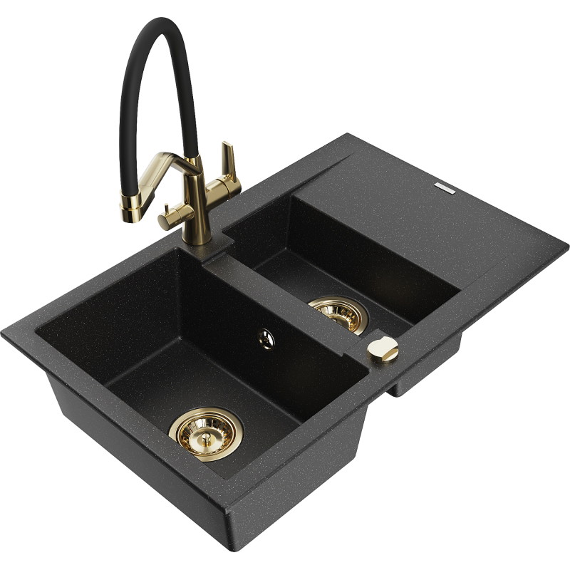 Mexen Gaspar granite sink 1.5-bowl with drainer and Duo kitchen faucet, black/silver - 6507-73-671701-57-G