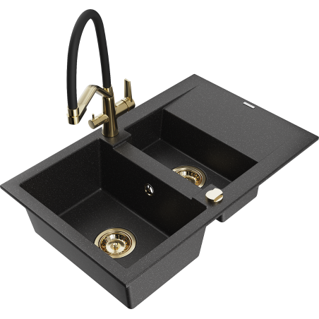 Mexen Gaspar 1.5-bowl granite kitchen sink with drainer and Duo kitchen tap, black/silver - 6507-73-671701-57-G