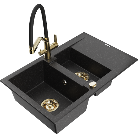 Mexen Gaspar 1.5-bowl granite sink with drainer and kitchen faucet Duo, black/silver - 6507-73-671701-57-G
