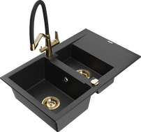 Mexen Gaspar granite sink 1.5-bowl with drainer and Duo kitchen faucet, black/silver - 6507-73-671701-57-G