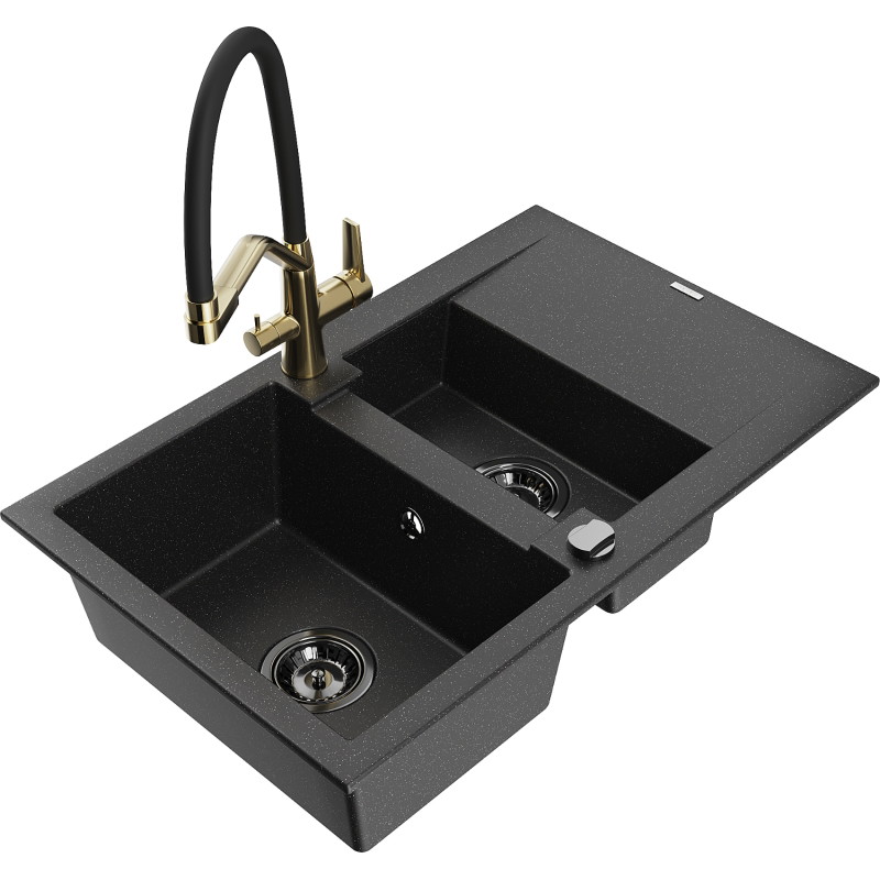 Mexen Gaspar granite sink 1.5-bowl with drainer and Duo kitchen faucet, black/silver - 6507-73-671701-57-B