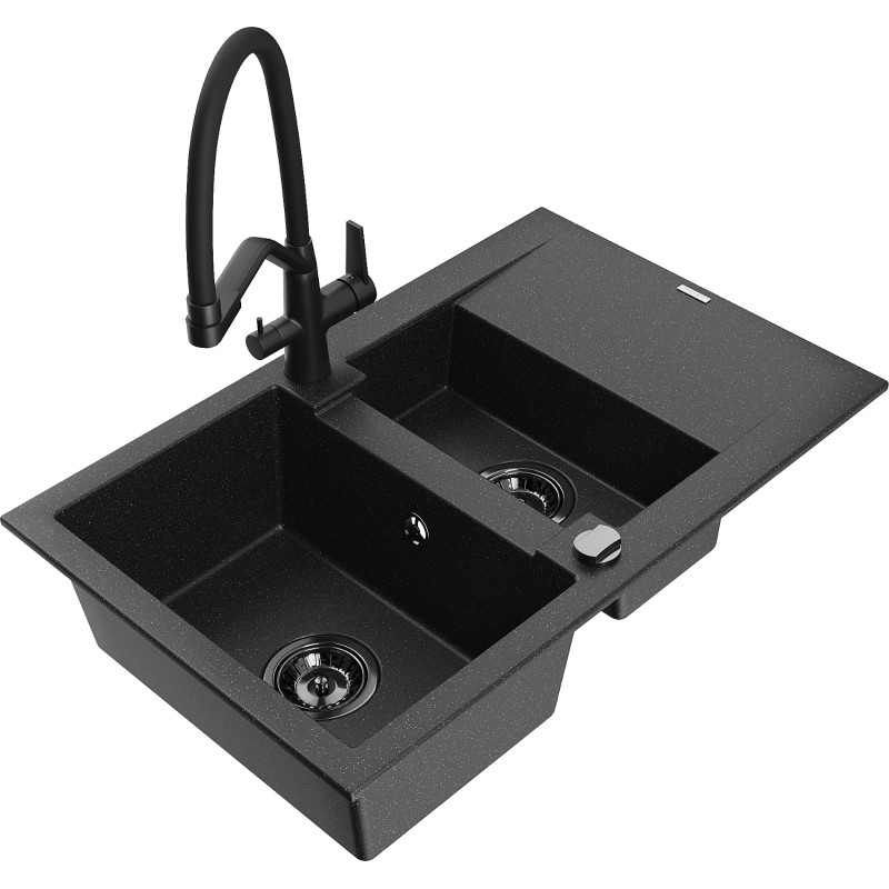 Mexen Gaspar 1.5-bowl granite sink with drainer and Duo kitchen faucet, black/silver - 6507-73-671701-70-B