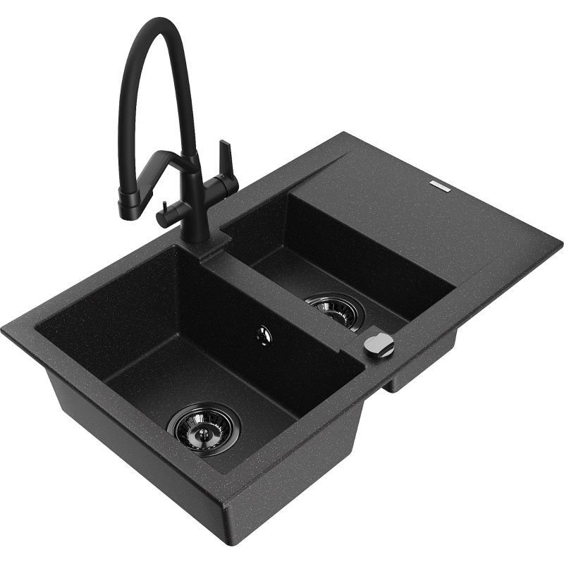 Mexen Gaspar 1.5-compartment granite sink with a drip tray and kitchen mixer tap Duo, Black/ silver - 6507-73-671701-70-B