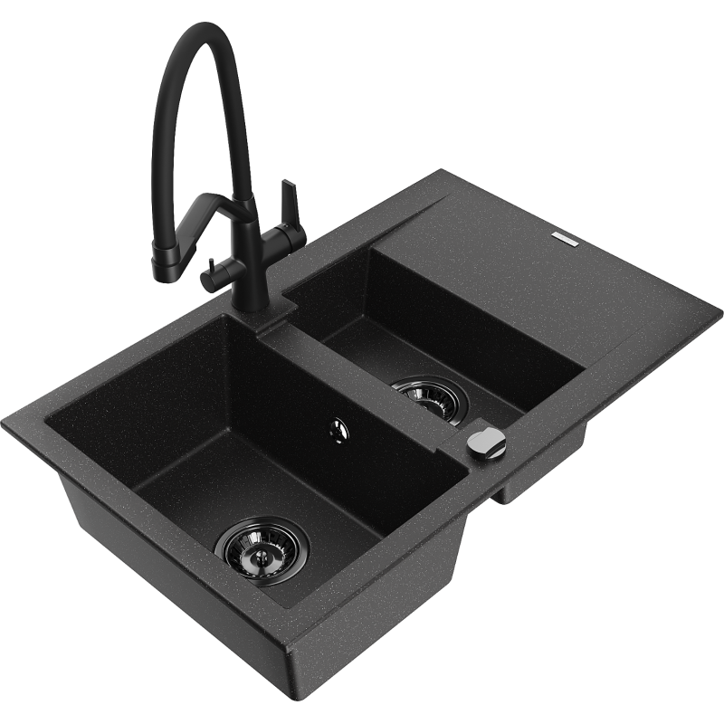Mexen Gaspar granite sink 1.5-bowl with drainer and Duo kitchen tap, black/silver - 6507-73-671701-70-B