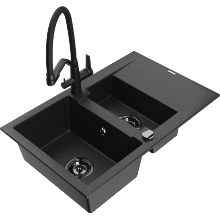 Mexen Gaspar 1.5-bowl granite sink with drainer and Duo kitchen faucet, black/silver - 6507-73-671701-70-B