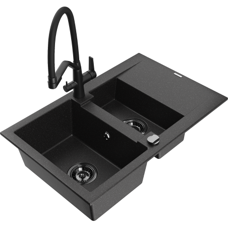 Mexen Gaspar granite sink 1.5-bowl with drainer and Duo kitchen tap, black/silver - 6507-73-671701-70-B