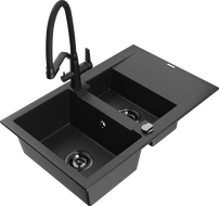 Mexen Gaspar 1.5-bowl granite sink with drainer and Duo kitchen faucet, black/silver - 6507-73-671701-70-B
