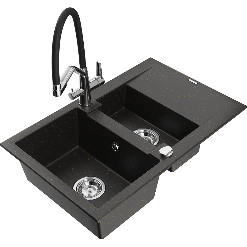 Mexen Gaspar granite sink 1.5-bowl with drainer and Duo kitchen tap, black/gold metallic - 6507-75-671701-07