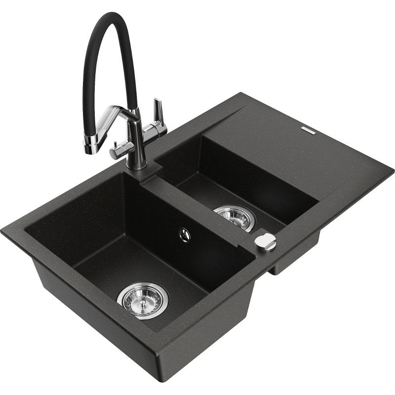 Mexen Gaspar granite sink 1.5-bowl with drainer and kitchen faucet Duo, black/gold metallic - 6507-75-671701-07