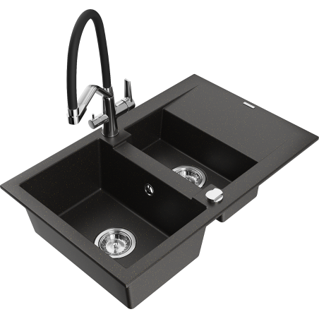 Mexen Gaspar granite sink 1.5-bowl with drainer and Duo kitchen tap, black/gold metallic - 6507-75-671701-07