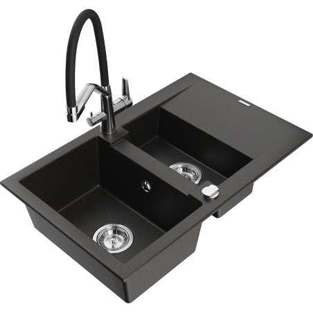 Mexen Gaspar granite sink 1.5-bowl with drainer and kitchen faucet Duo, black/gold metallic - 6507-75-671701-07
