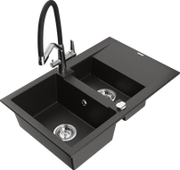 Mexen Gaspar granite sink 1.5-bowl with drainer and kitchen faucet Duo, black/gold metallic - 6507-75-671701-07